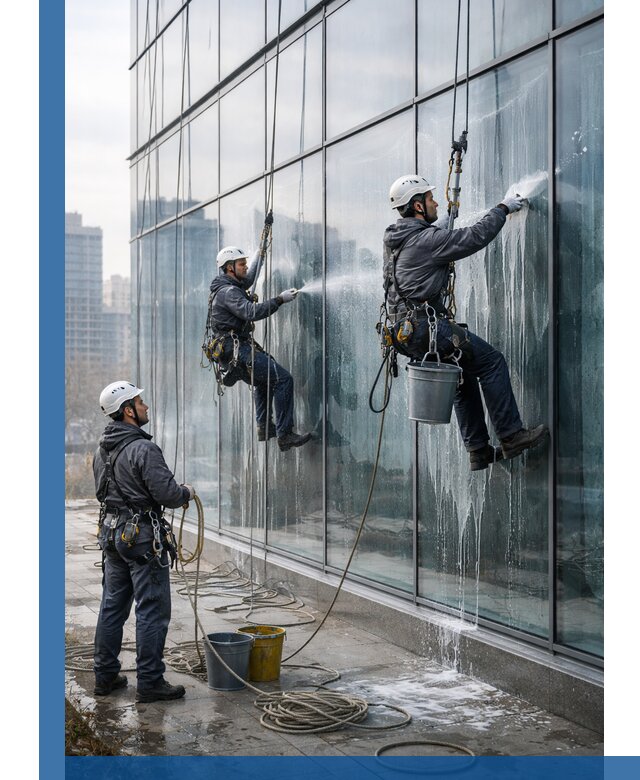 Промышленная мойка панорамных окон на высоте в Нижнем Новгороде