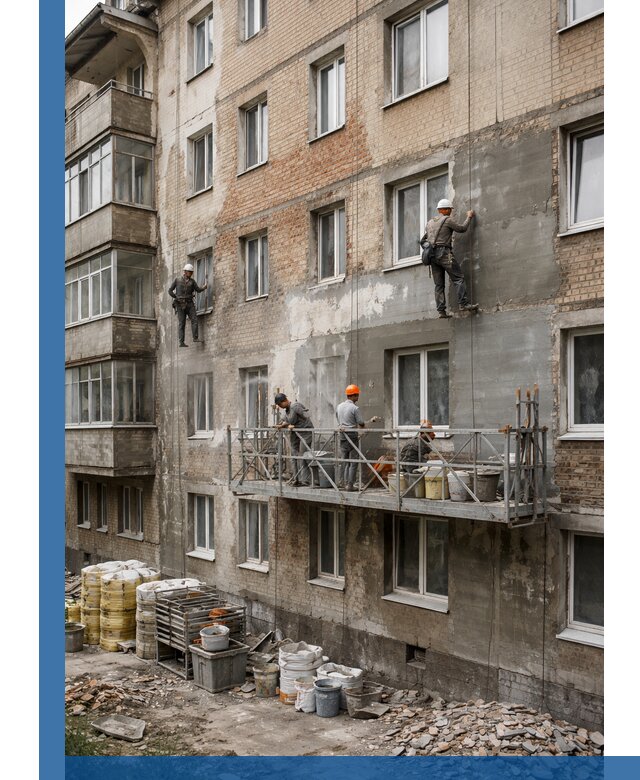 Капитальный ремонт фасада в Нижнем Новгороде с восстановлением и гидроизоляцией