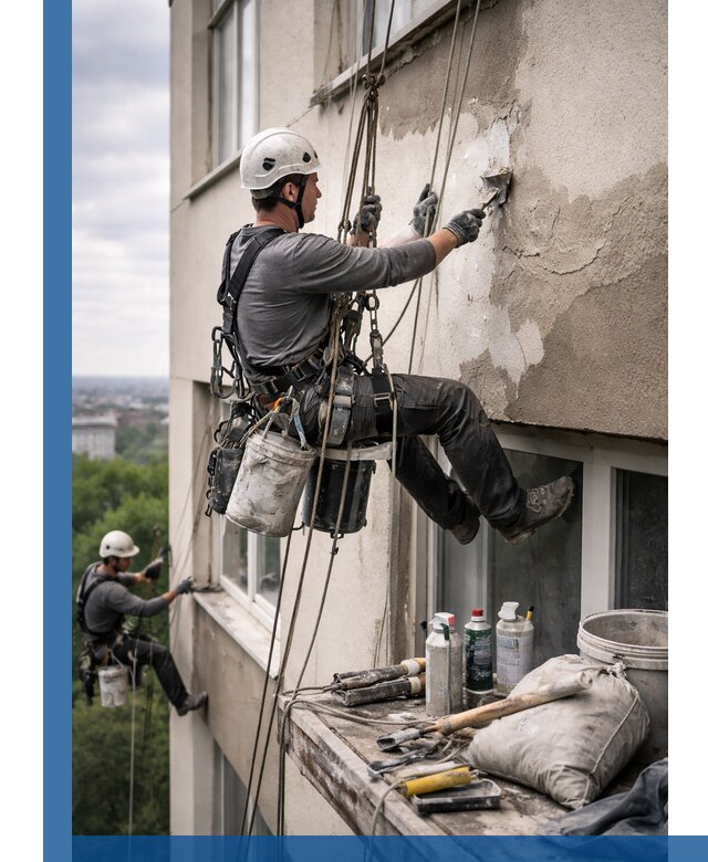Косметический ремонт фасада зданий в Нижнем Новгороде промышленными альпинистами