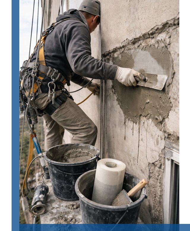 Ремонт бетонных элементов фасада промышленными альпинистами в Нижнем Новгороде