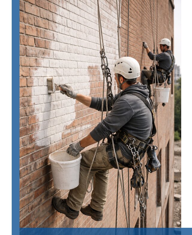 Покраска кирпичного фасада с доступным альпинистским сервисом в Нижнем Новгороде