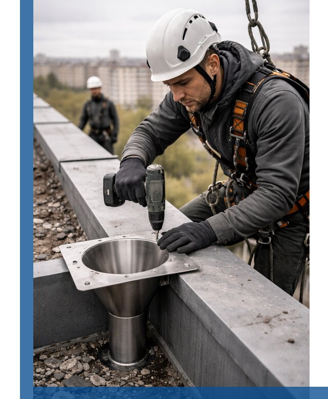 Монтаж водосточных воронок в Нижнем Новгороде для промышленных зданий