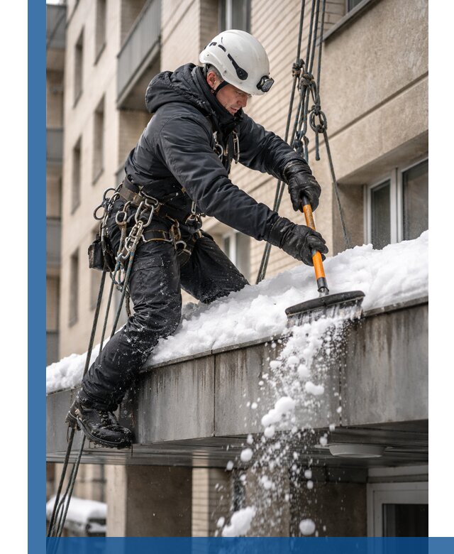 Очистка козырьков от снега в Нижнем Новгороде круглогодично безопасно
