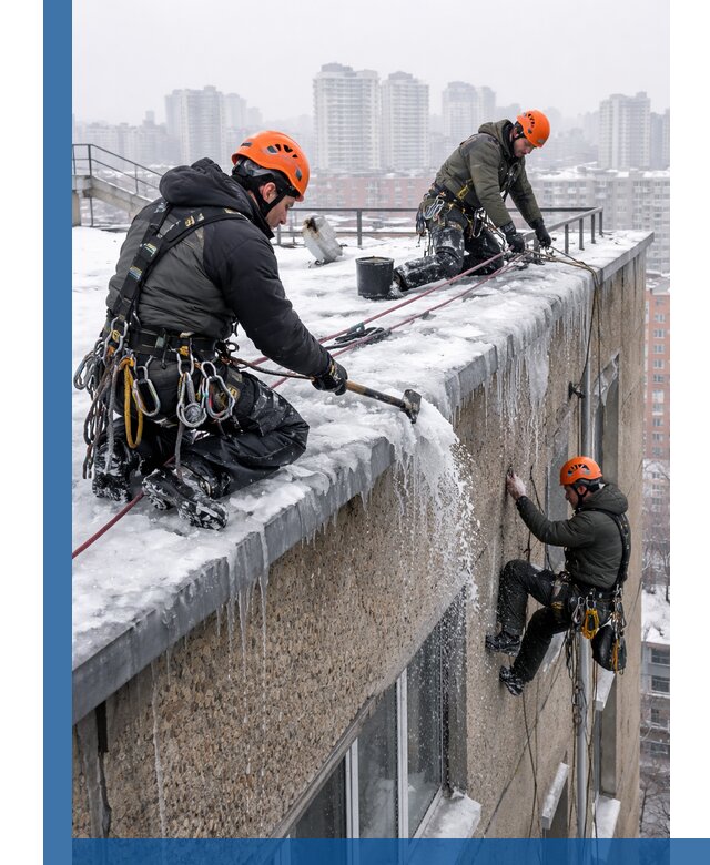 Удаление наледи с кровли в Нижнем Новгороде промышленными альпинистами