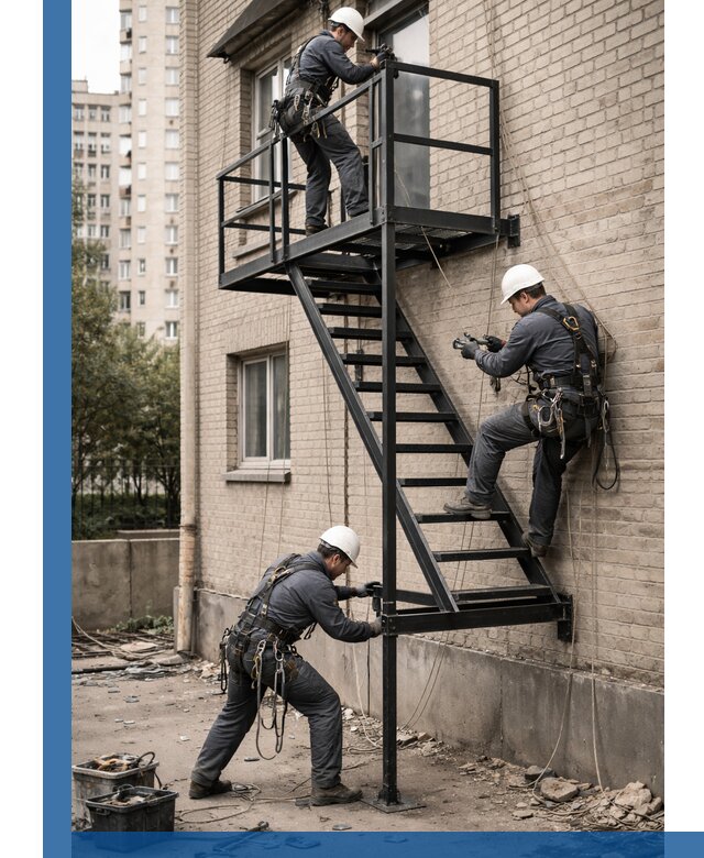 Монтаж пожарной лестницы в Нижнем Новгороде, установка и крепление