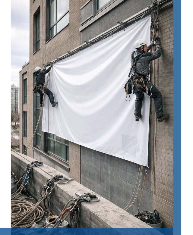 Монтаж баннеров на фасаде в Нижнем Новгороде от 677 р. заказать ВЫСОТНИК-Ннн