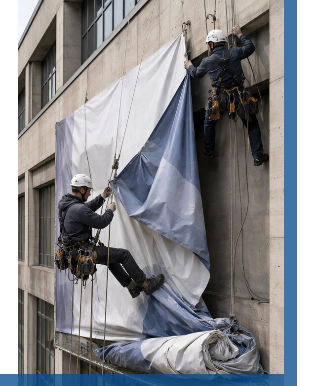 Демонтаж баннеров с фасада в Нижнем Новгороде от 4689 р. | ВЫСОТНИК-Ннн