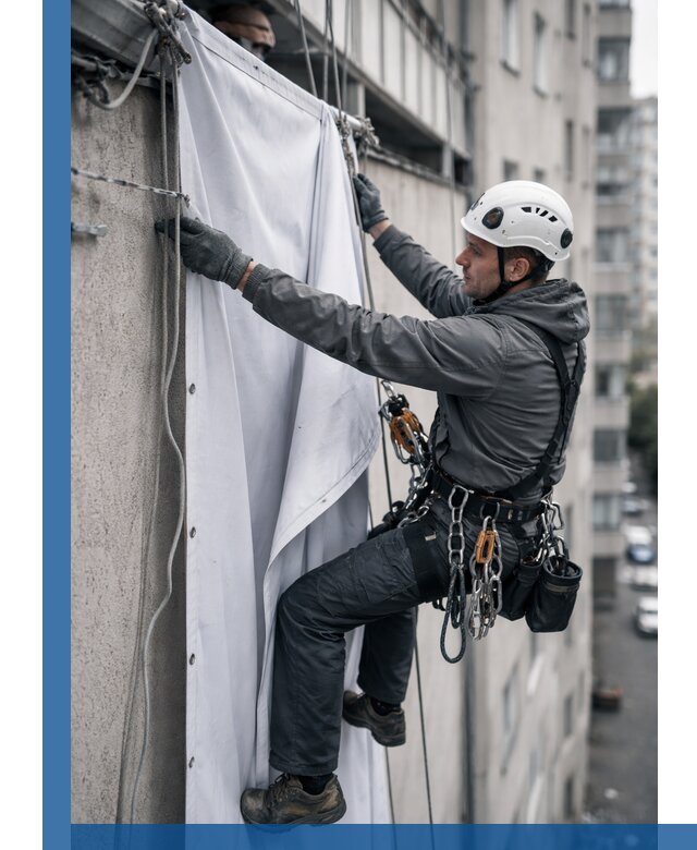 Замена баннерного полотна промышленными альпинистами в Нижнем Новгороде