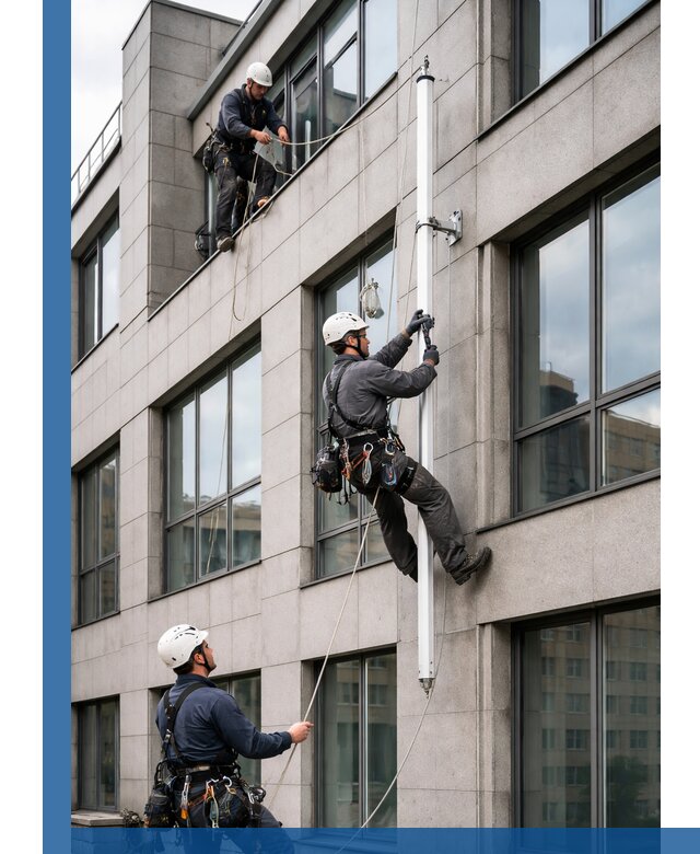 Монтаж флагштока на фасаде здания с креплением и герметикой в Нижнем Новгороде