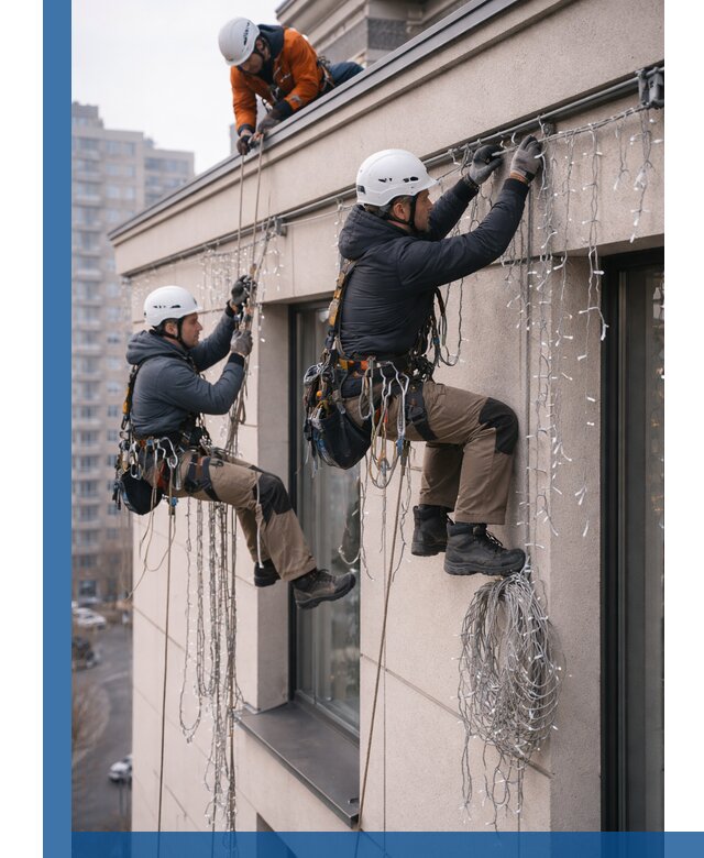 Монтаж праздничных гирлянд на фасаде в Нижнем Новгороде для зданий