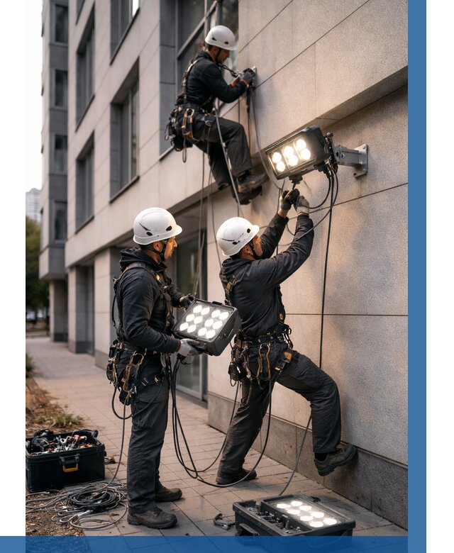Монтаж прожекторов на фасаде в Нижнем Новгороде от 7816 р. | ВЫСОТНИК-Ннн