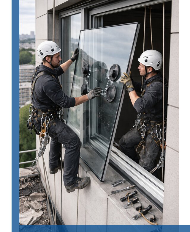 Замена стеклопакетов на высоте с промышленными альпинистами в Нижнем Новгороде