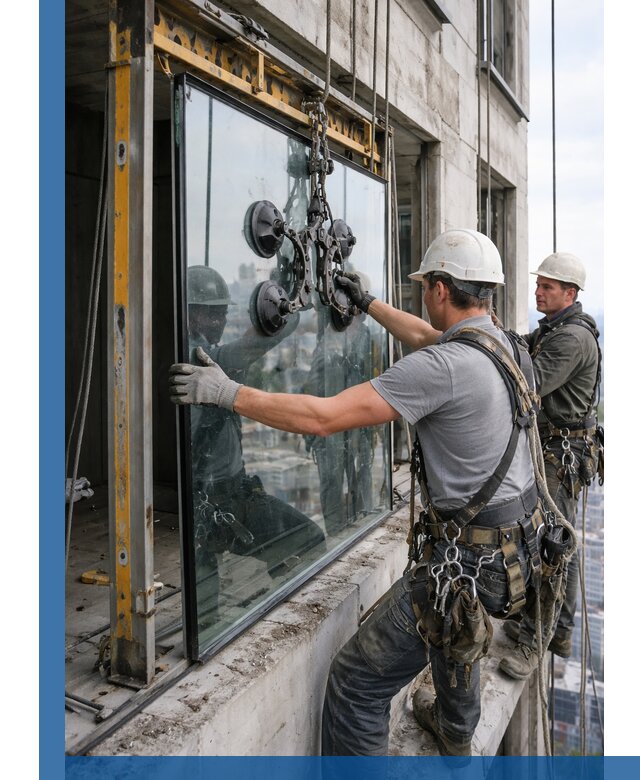 Монтаж стеклопакетов на высоте в Нижнем Новгороде с промышленным альпинизмом