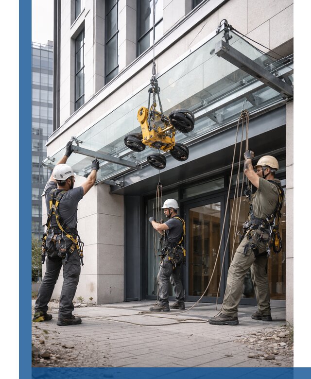 Монтаж стеклянных козырьков под ключ в Нижнем Новгороде для зданий