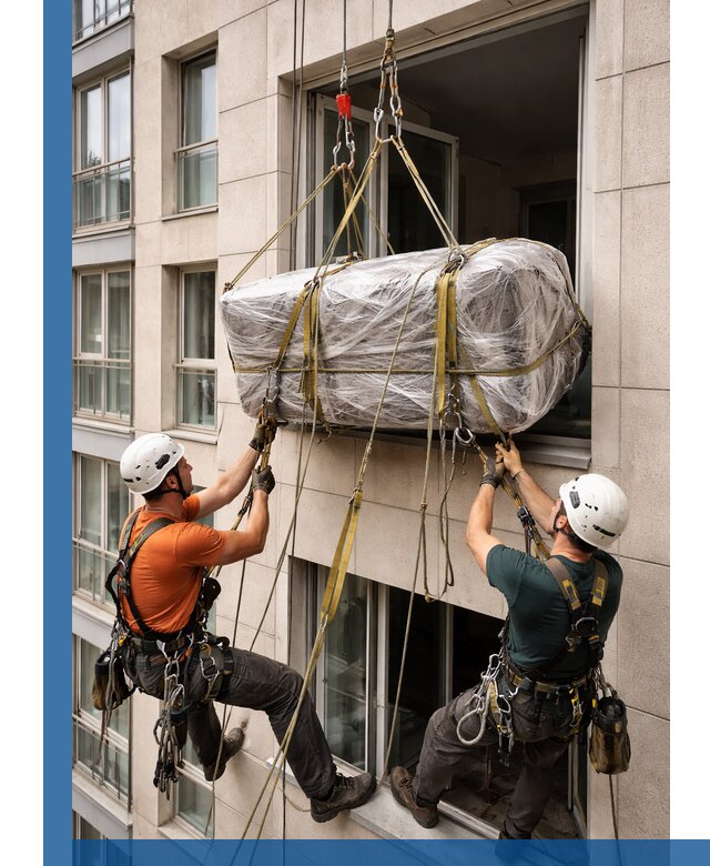 Подъем грузов через окно в Нижнем Новгороде промышленными альпинистами