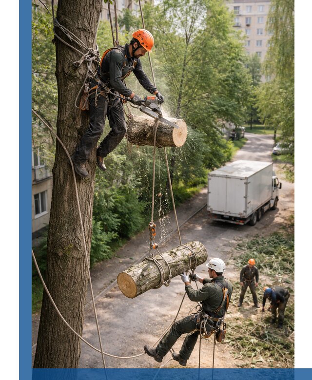 Спил деревьев альпинистами в Нижнем Новгороде, безопасно и без повреждений