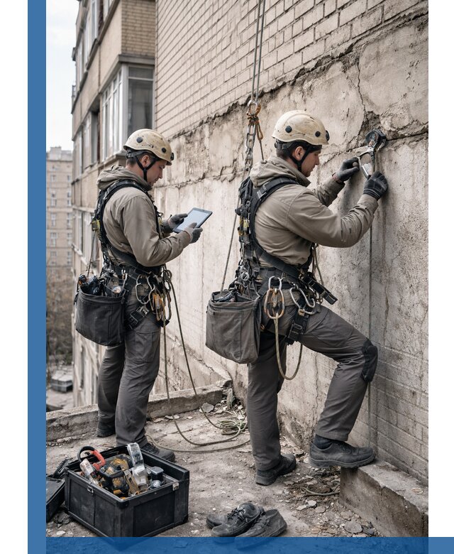 Обследование фасада промышленными альпинистами в Нижнем Новгороде